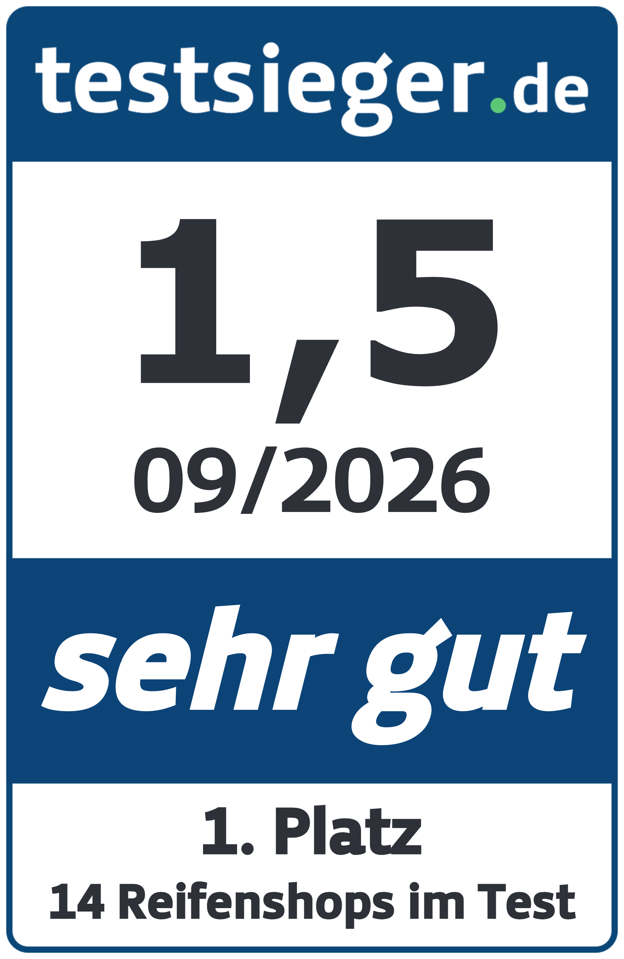 testsieger.de Reifenshop Studie 2026 - 1,5 sehr gut, 14 Reifenshops im Test